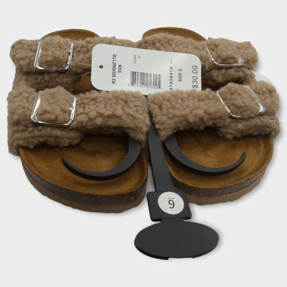 R2 Bernette Tan Sherpa Faux Fur Slip On Slide Sandals Size 6M - Picture 5 of 12